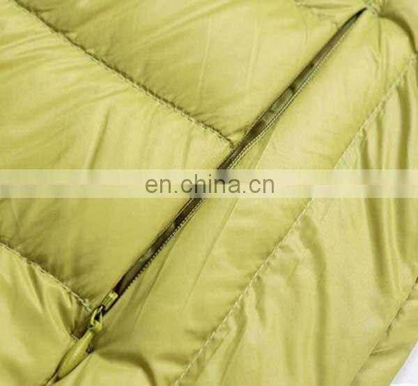 thin woman yellow down jacket with light color and weight