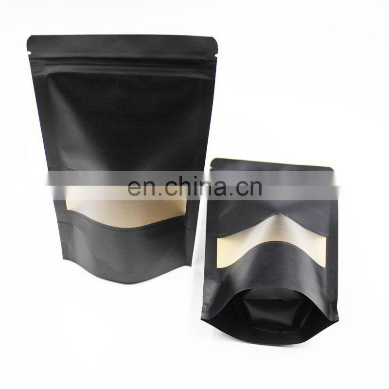Wholesale Food Grade Black Matte Stand Up Pouch With Clear Window With Customized Sticker