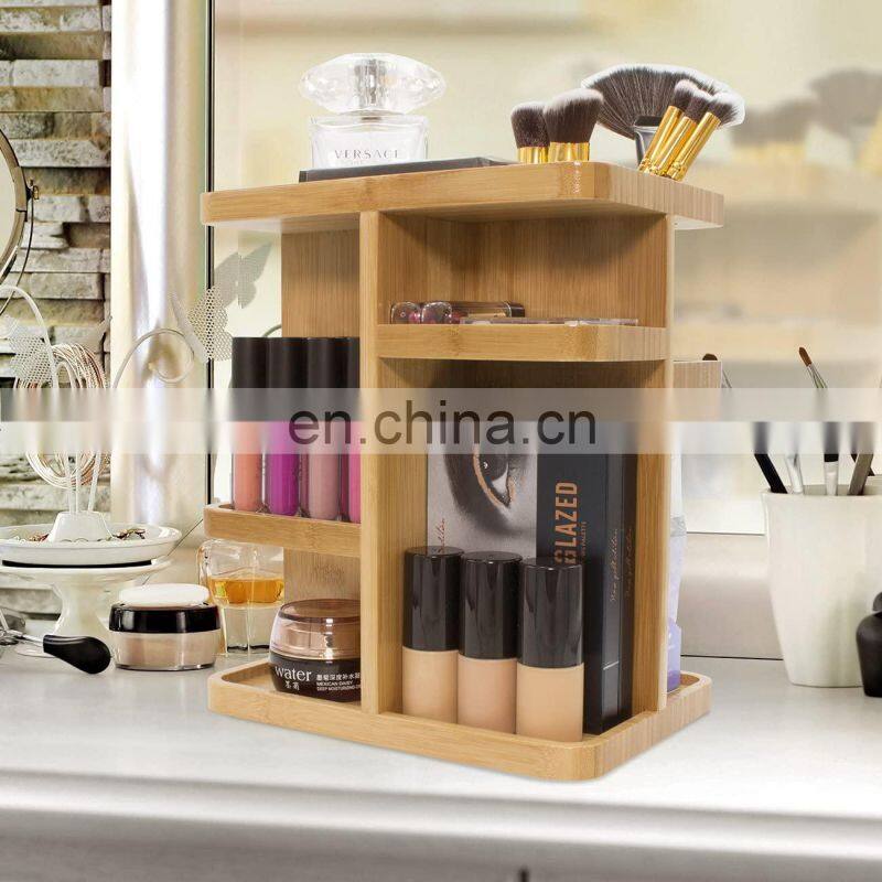 360 degree Bamboo Cosmetic Organizer Multifunction Storage Carousel for Makeup Toiletries and More Great for Vanity Desk