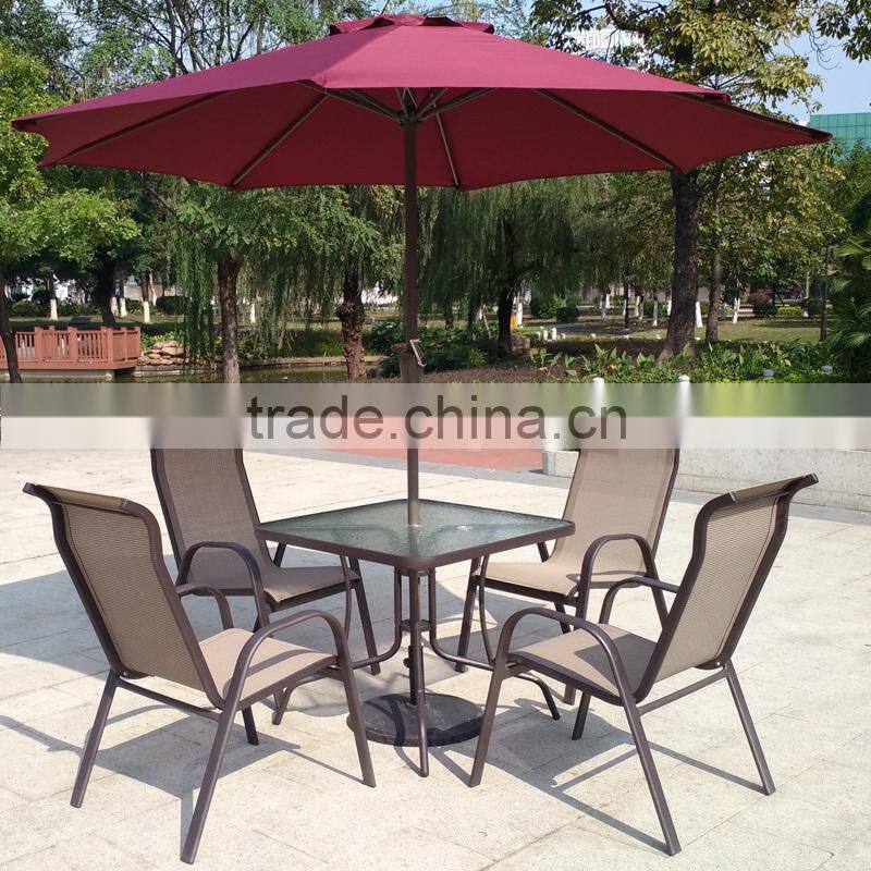All Weather Proof Coffee Brown 5 piece Outdoor Garden Balcony Aluminum Sling Patio Furniture Round Glass Dining Table Chair Set