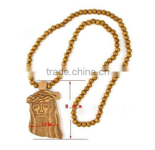 Jesus face 30-34'' long assorted color wood necklace with engraved