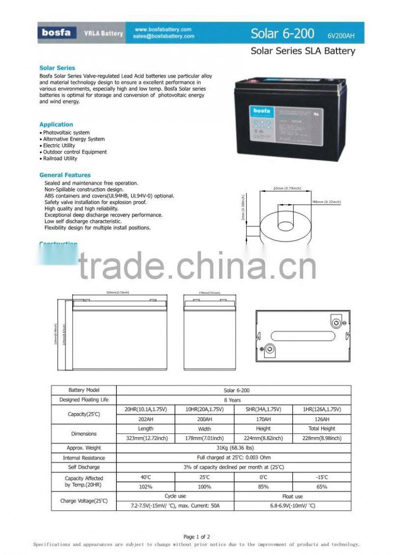 solar battery 6v200ah deep cycle battery with price