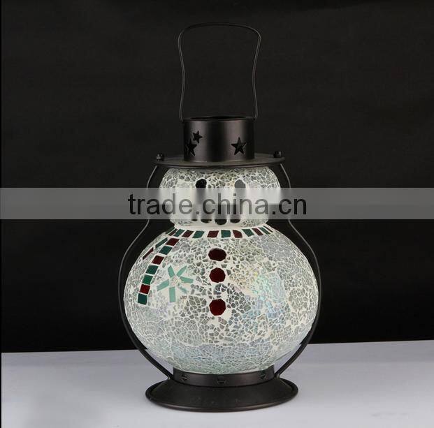 Snowman Shape Mosaic Glass Hanging Lantern for Christmas Outdoor Decoration