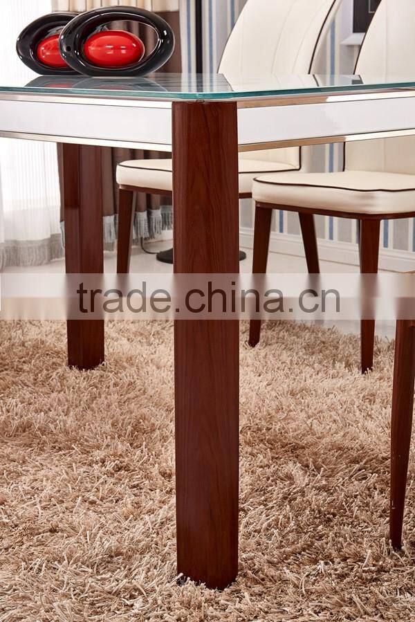 glass top wooden color steel leg dining table with tempered glass top
