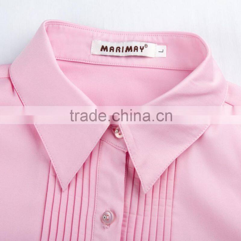 2015 fashion pink color long sleeve blouse pleated design ladies plus size shirt