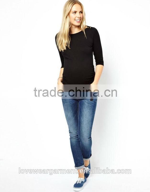 Wholesale plain cotton maternity black t shirts with button shoulder