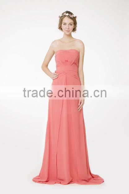 New Elegant Strapless V-Draped Natural Waist Bridesmaid Gown Long Peach Chiffon Bridesmaid Dress Patterns 2015(RHM-2103)