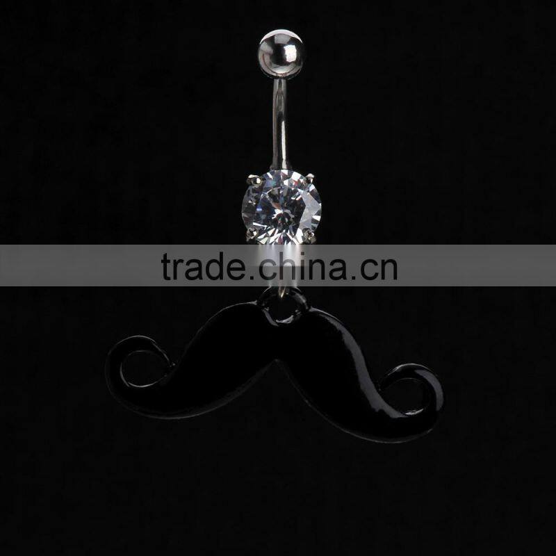 Black Plated Movember Moustache Zircon Inlay Dangle Belly Button Naval Ring.