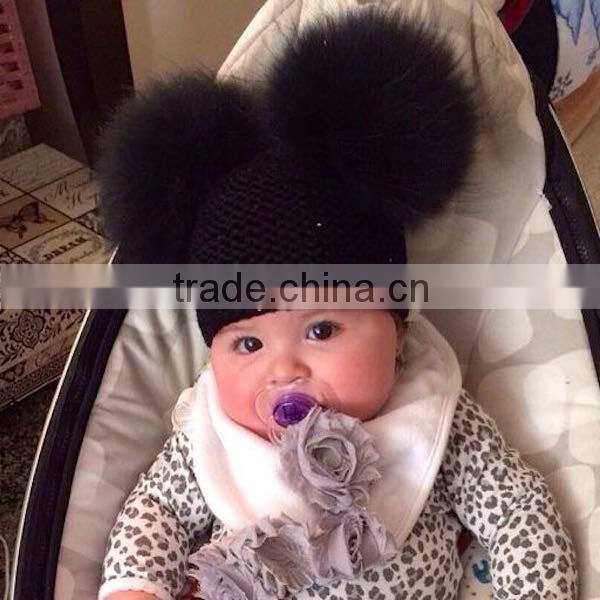 New Design Knitted Wool Baby Beanie Hat with Two Fox Fur Pom poms Balls for Cute Baby
