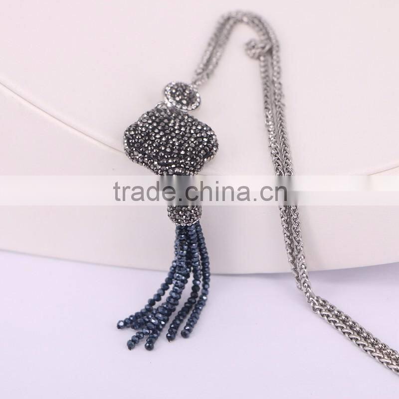 Clover Pendant Beads Tassel Necklace, Gem Stone Druzy Pendant, With Crystal Paved Crystal Tassel Jewelry, Stone Chain Necklace