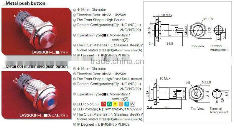 ONPOW doorbell Push button switch(LAS2GQ,16mm,CE,ROHS,REECH,IP40,IP65,IP67)