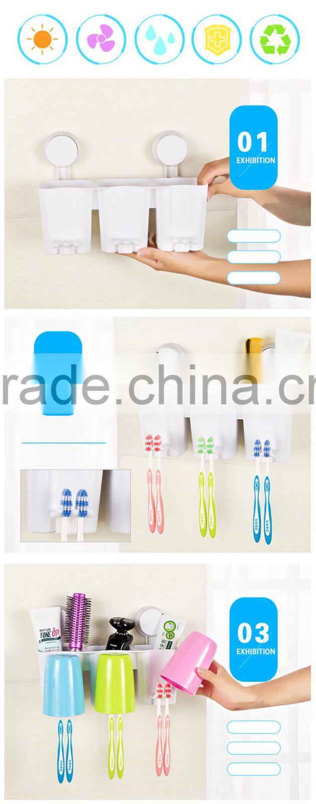 popular candy style Suction Cup 3 Tooth Mug+6 toothbrush Holder Toothpaste Hanger bathroom Storage Set