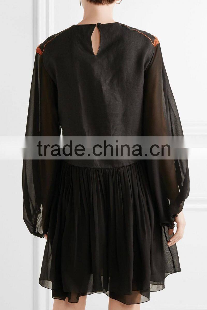 New Style Bohemian Floral Embroidery Design Embroidered Linen And Silk-Chiffon Long Billowy Sleeves Mini Dress 2017 HSD5908