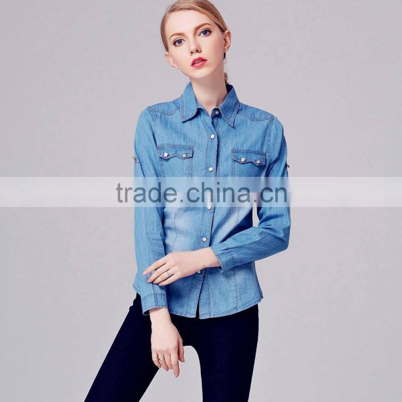 Wholesale factory price brand ladies casual jeans fabric sexy fancy denim shirt women