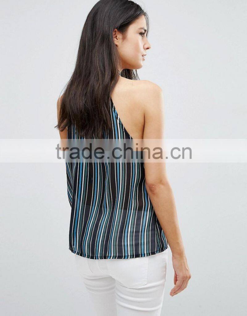 Sleeveless Striped Shirt with print chiffon
