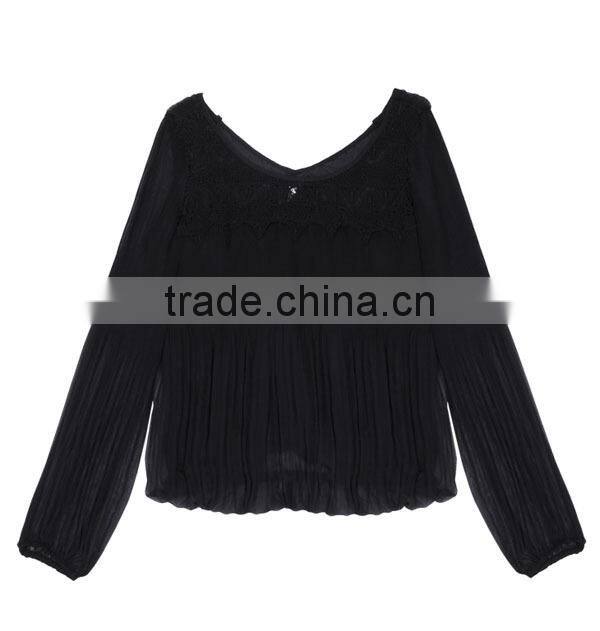 Hot selling modern unique high quality deep collar crepe chiffon blouses long sleeve butterfly blouse