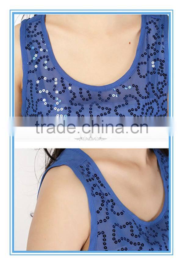Wholesale Sleeveless Blue Anti-shrink Ladies Fashion Vest Sequin Top