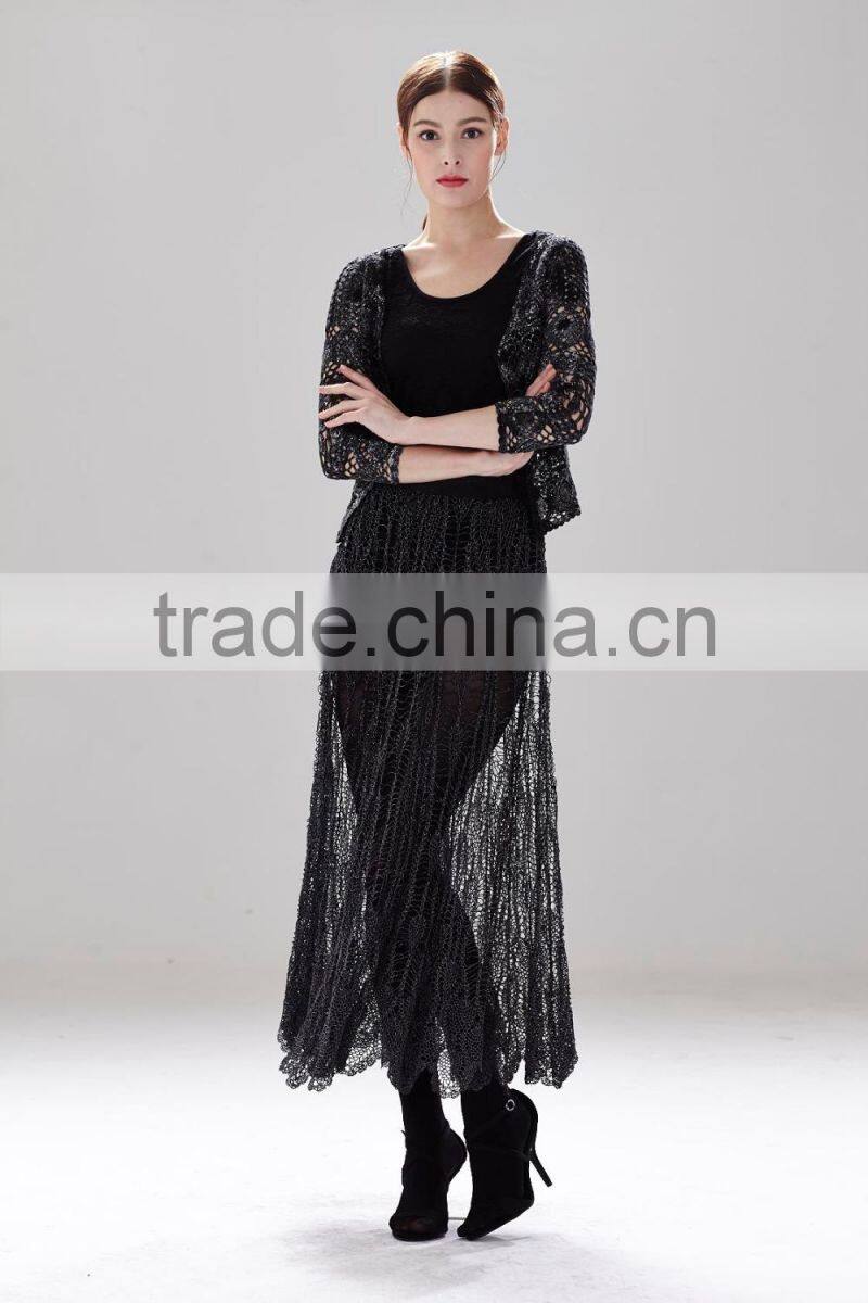 Ladies fashion long skirt mesh pattern cotton perspective skirt SR-P9963