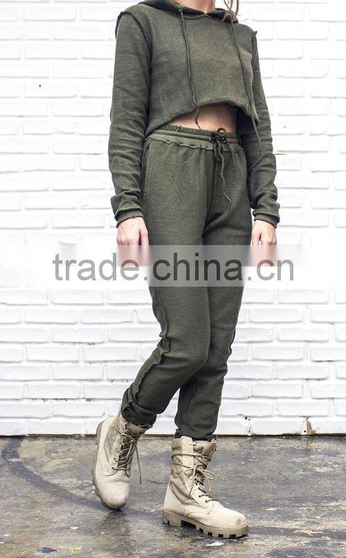 latest design women contrast french terry fitted tracksuit crop top sweat suit