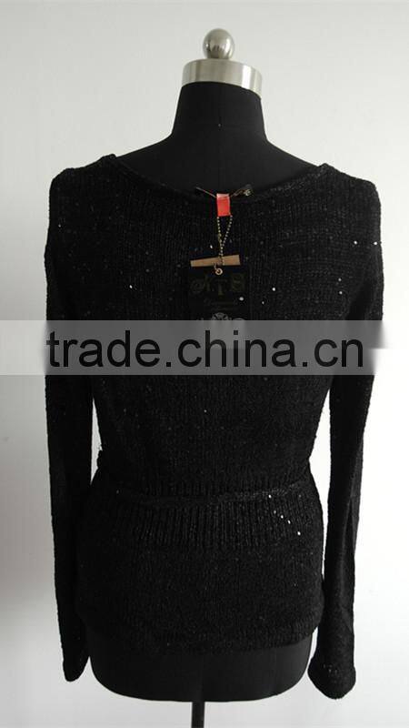 Ladies black sequins yarn knit cardigan sweater factory
