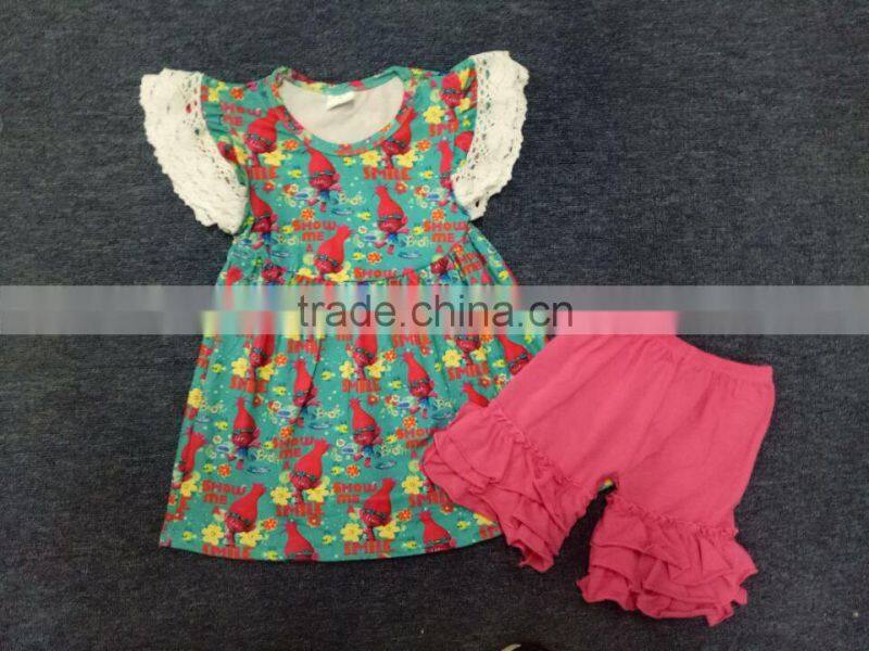 2017 hot selling customized polka dot ruffle fabrics clothing with flower