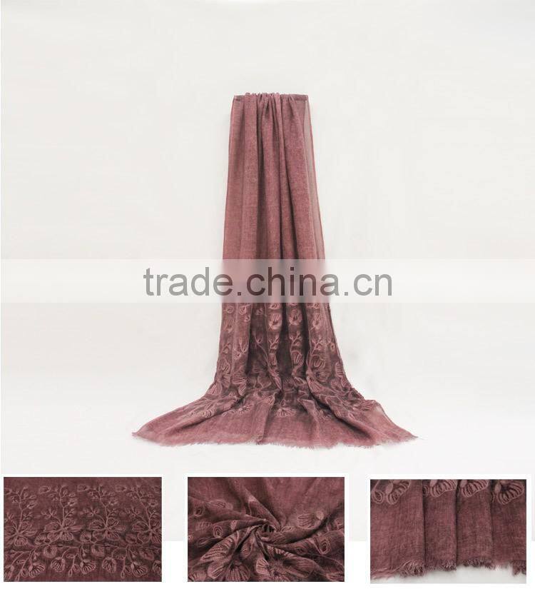 New fashion custom embroidery flower plain dyed linon viscose hijab scarf