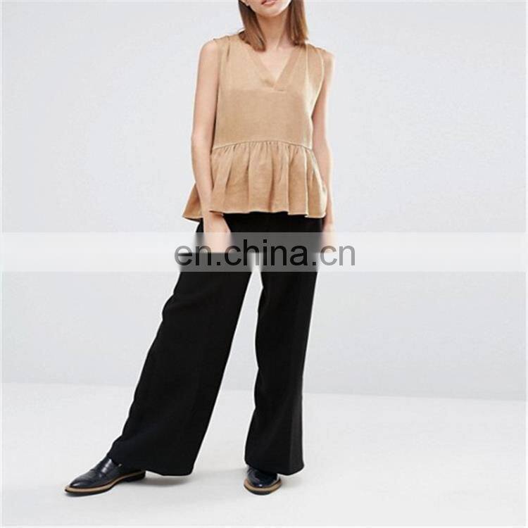 V neck yellow girl sleeveless pleated clothes women t shirt wholesale china woman blouse