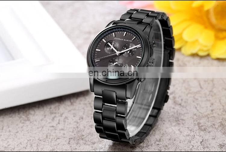 HANNAH MARTIN HM-1039 Current Black Stainless Steel Quartz Watch Analog Business Calendar Men Wrist Watches