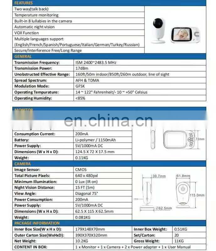 Electronic Babysitter 3.2inch HD 100pix Baby Monitor VB609 Night Vision Wireless Video Camera