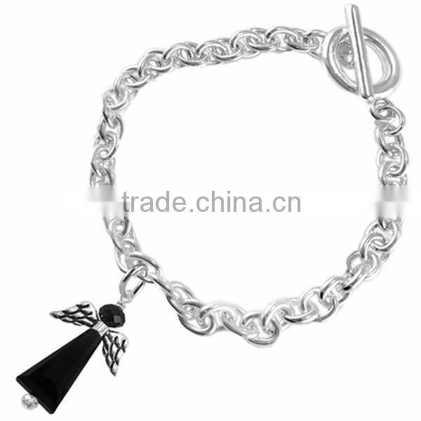 Winged And Genuine Jet Black Crystal Angel Charm Chain Link Bracelet