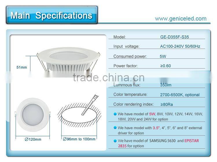 AC100-240V high quality non-isloated driver 3.5inch 5W led ceiling downlights