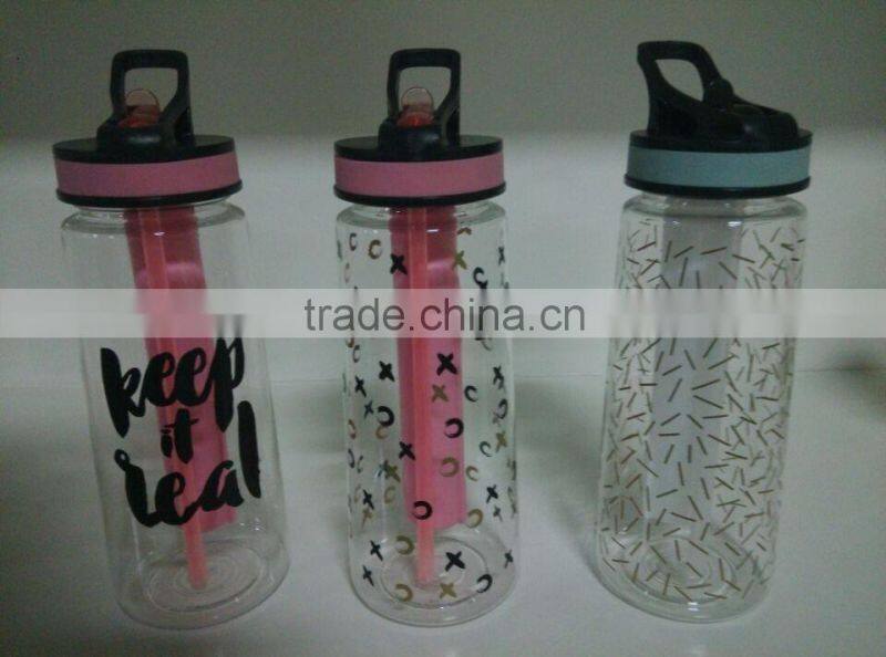 Taizhou Factory BPA free TRITAN Bottle with Straw and Ice Stick Plastic Water Bottle with Printing Design