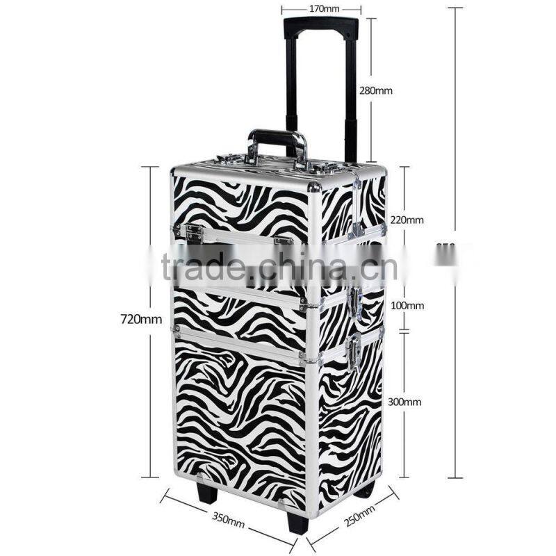 Aluminum 3 in 1 Hairdressing Makeup Vanity Case Beauty Cosmetics Box Trolley