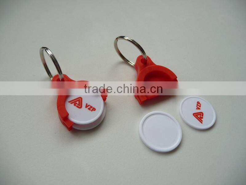 Popular and cheap plastic shiny coin holder keychain