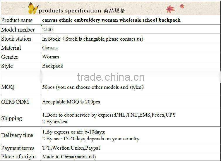 canvas ethnic embroidery woman wholesale school backpack