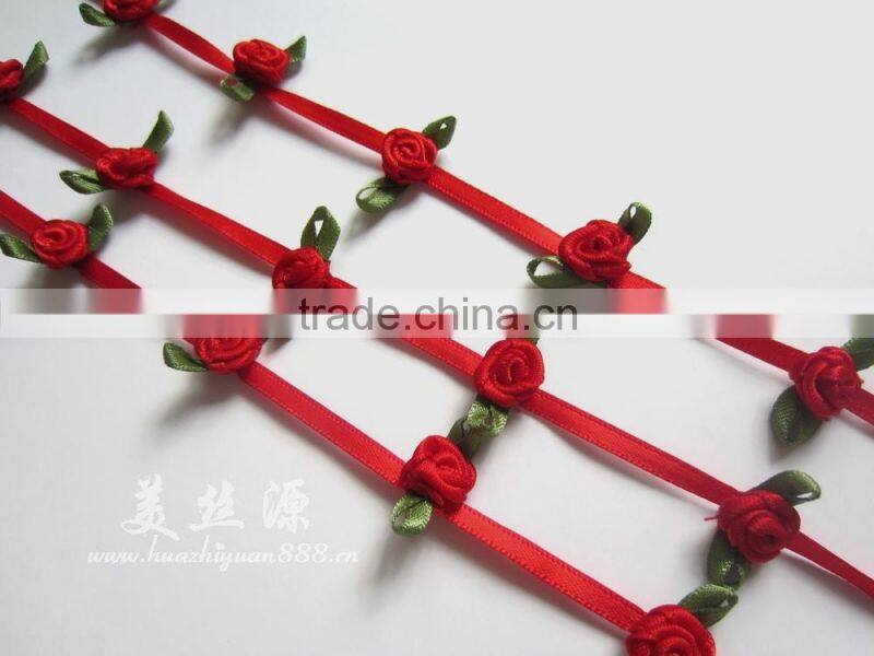 mini satin ribbon rose trim with leaves
