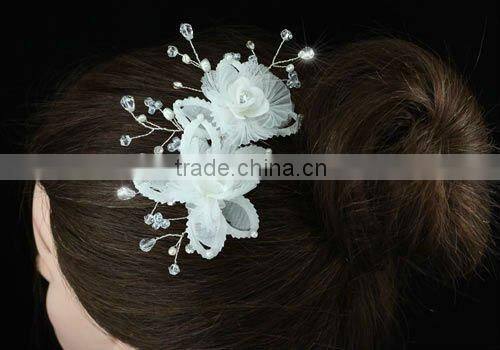 Bridal Wedding Handmade White Flower Satin Crystal Hair Comb CT1384
