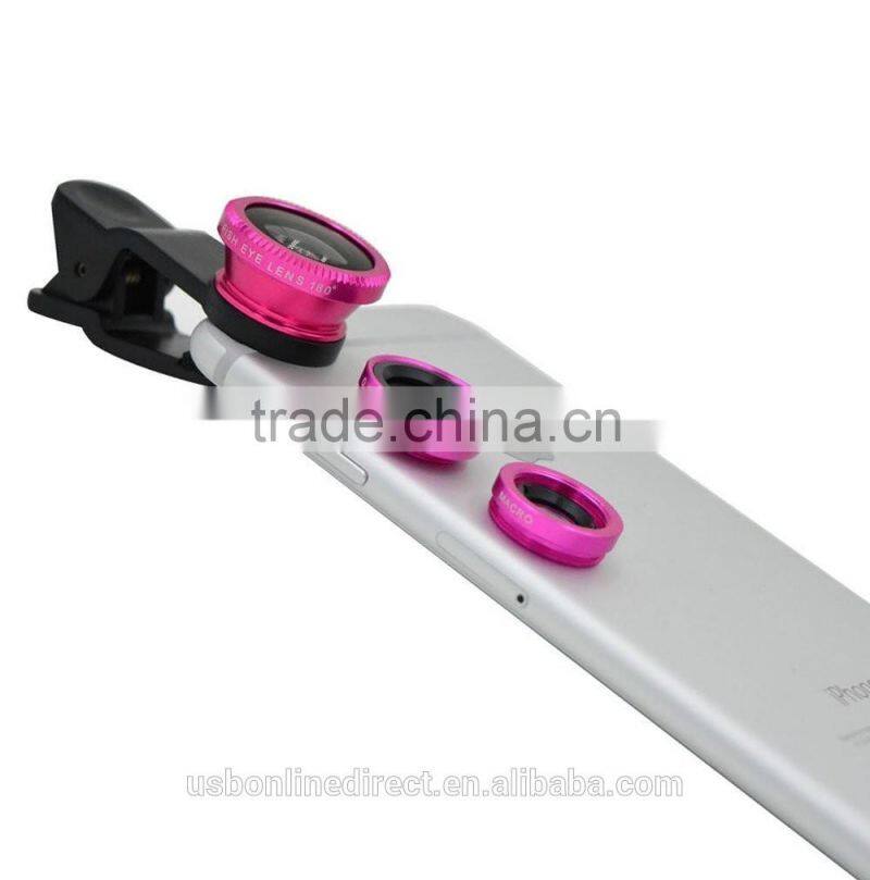 Fashionable 3 in 1 clip-on camera adapter optical microspur fisheye wideangle lense for mobile phone