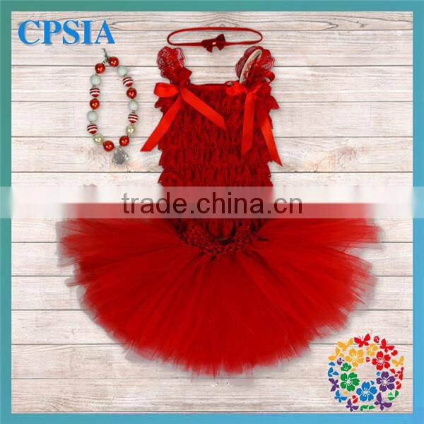 Red Christmas Baby Clothing Lace Top & Skirt & headband & Necklace Set Wholesale Children's Boutique Clothing