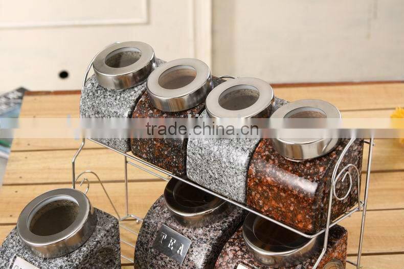 ceramic canister set with stainless metal spoon, lid & stand