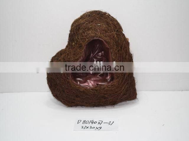 heart-shaped dark brown moss and sisal pot