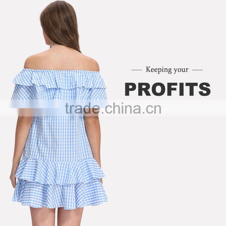 Off shoulder design woman summer fashion striped blue short falbala dress