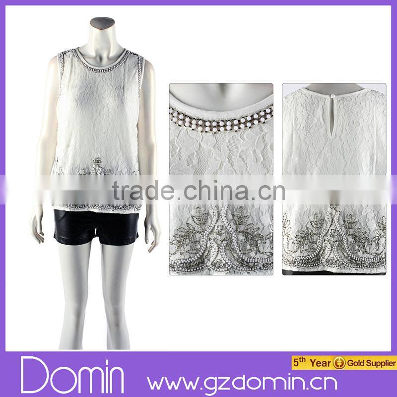 Fashion Beaded Neckline Design Sleeveless Embellished Women Lace Beaded Top