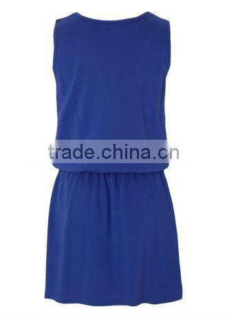 12DR156Summer Hot Seling Latest Design Frill Neck Jersey Blue Dress
