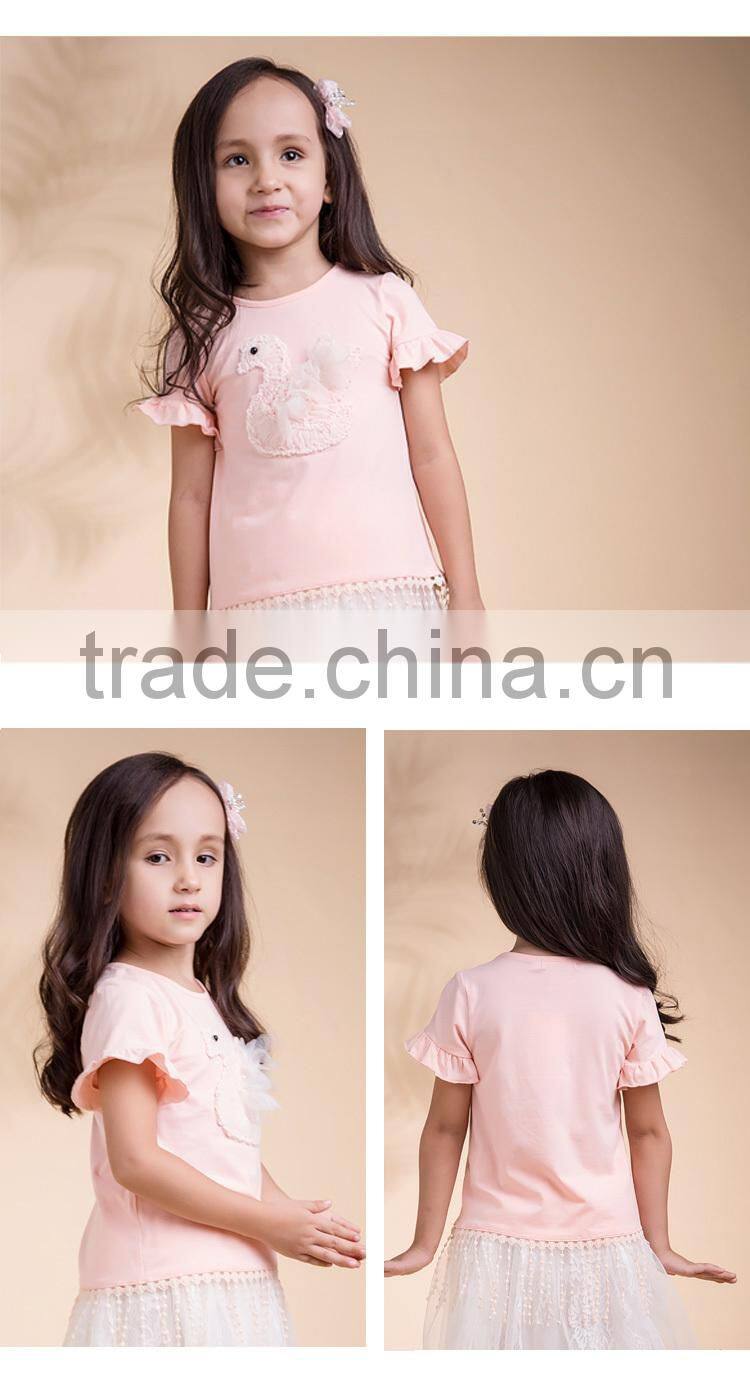 Summer Latest Designs Girls Ruffle Sleeve T Shirt With Lovery Embroidery Pattern