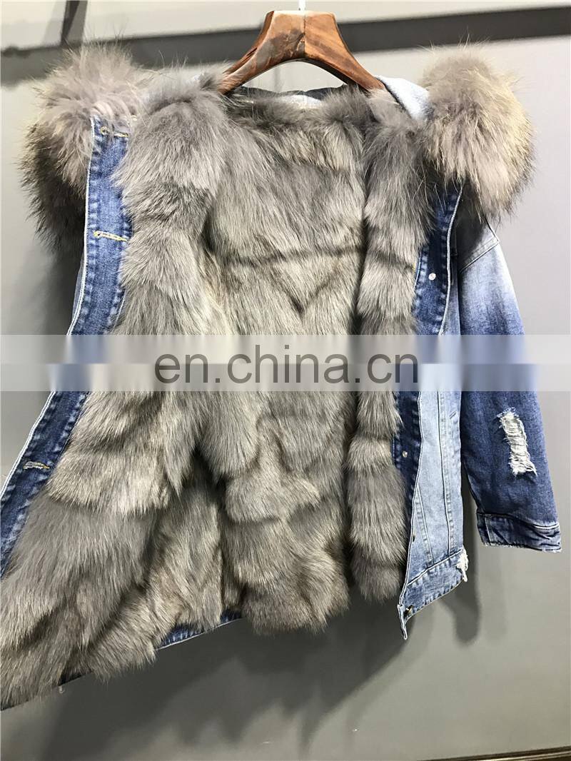 2017 Fashionable Women Winter Real Fox Fur Lined Denim Parka Real Fur Jacket Raccoon
