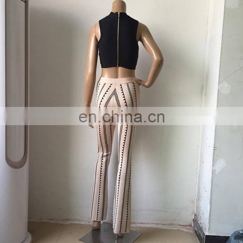 Amigo 2017 new design two piece sexy party wear bandage pants suit with Black sleeveless halter crop top and bodycon trouser