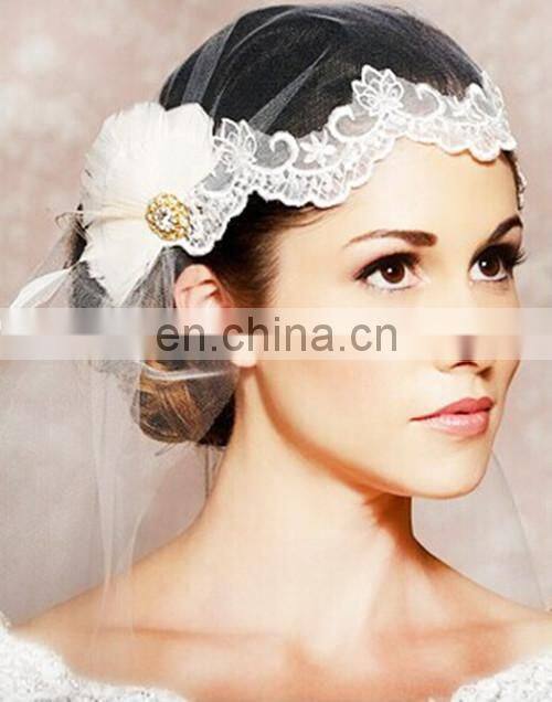Newest Design! High Quality Bridal Feather Headpiece Crystal Wedding Head Decoration And Mid-length Veil With Lace For Women