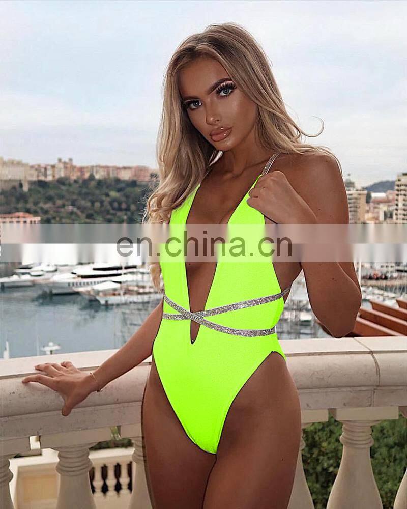 One piece Swimsuit Neon Green Glitter Swimwear Women bandage swimsuit high cut monokini Shiny bathing suit plunge swimsuits