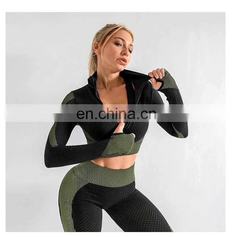 Wholesale women 3 pieces crop top leggings and sports bra workout clothes 3 pieces seamless yoga belt zipper suit